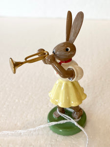 Blank Hand Made Wooden Female  Easter Bunny Trumpet player - German Specialty Imports llc