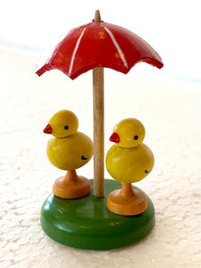 Ore Mountain Hand Made Wooden Two chickens under Umbrella - German Specialty Imports llc