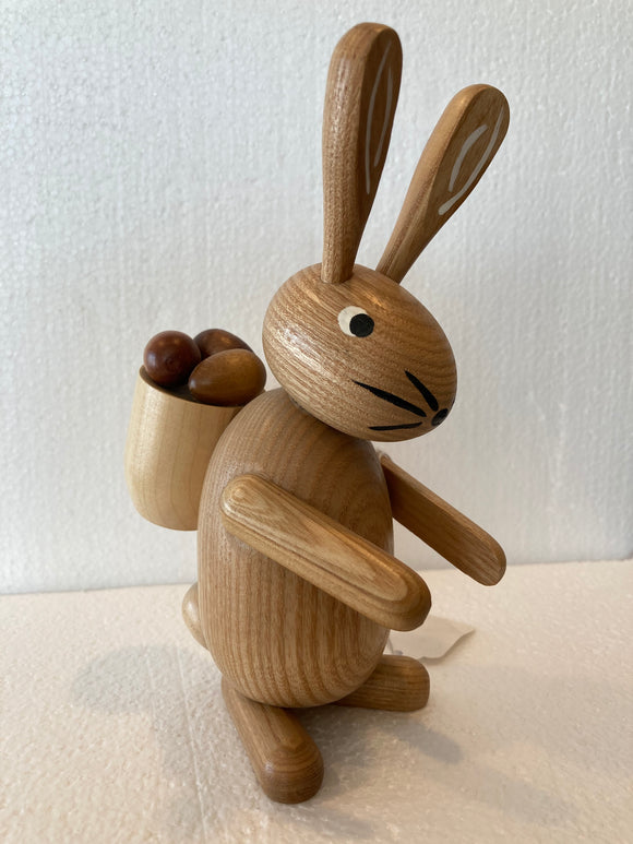 Tall Light wood Ore mountain Hand made Easter Bunny with Egg Basket on Back - German Specialty Imports llc