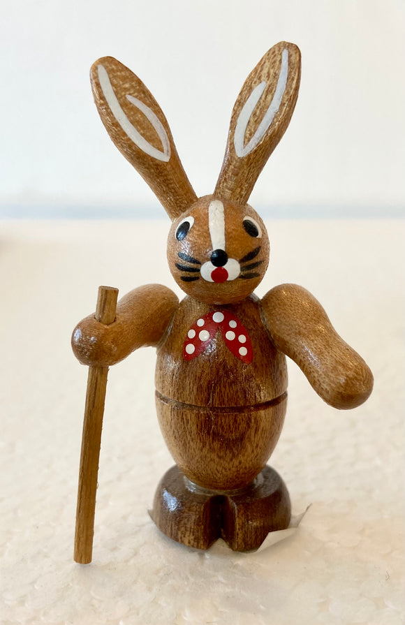 Mini Ore Mountain Hand Made Wooden Male  Easter Bunny with Basket on Back and Hiking stick in Hand - German Specialty Imports llc