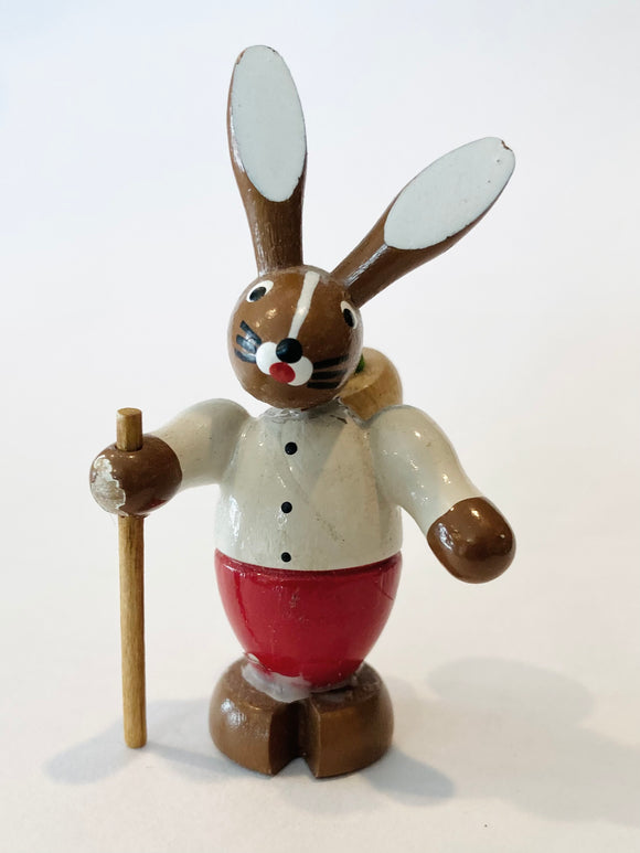 Mini Ore Mountain Hand Made Painted Wooden Male  Easter Bunny with Basket on Back and Hiking stick in Hand - German Specialty Imports llc