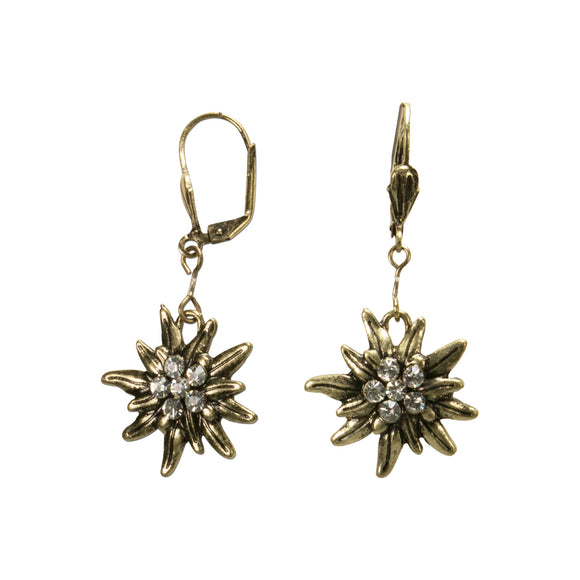 Earrings rhinestone-edelweiss antique-gold-colored (clear-crystal) - German Specialty Imports llc