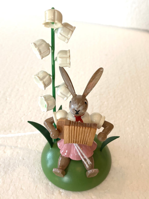 Blank Hand Made Female  Easter Bunny Accordion Player with White Bell Flowers as Place Card Holder - German Specialty Imports llc