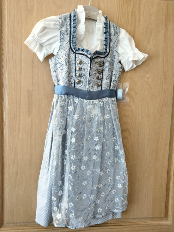 47351 LB 21 Krueger  Trachten Girl Dirndl Dress Blue pattern with white flower embroidered  lace apron  3 pc. - German Specialty Imports llc