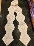 62" x 5.75" Plauener Spitze beige with pink embroidered Rose  Pattern Table Runner with scalloped Edges - German Specialty Imports llc