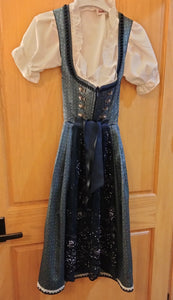 2 pc Festive Blue Krueger Collection  Dirndl with Beautiful Lace and pearl studded Apron - German Specialty Imports llc