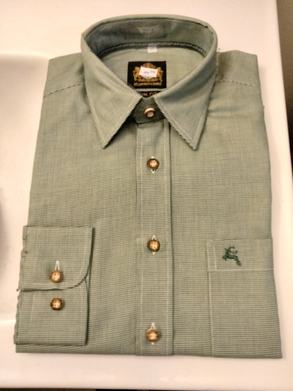 313427 Hammerschmid  Men Trachten Shirt small green white checkered with embroidery Deer Decore on front pocket and small green  lining Detail in Cuffs and Neck - German Specialty Imports llc