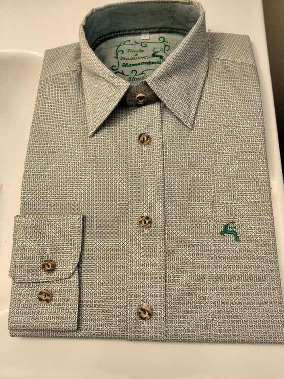 1911204-59 Hammerschmid  Men Trachten Shirt small green pattern with embroidery Deer Decore on front pocket and small green checkered lining Detail in Cuffs and Neck - German Specialty Imports llc