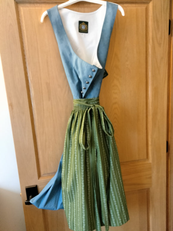 Traditional High Quality Hammerschmid Dirndl Dress  Kaerntner light blue with green Apron - German Specialty Imports llc