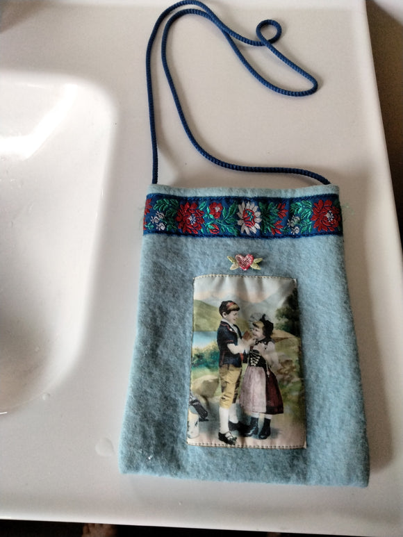 Blue Felt Bag with Dirndl Girl and Trachten outfit Boy Portrait  and Alpine Flower ribbon - German Specialty Imports llc