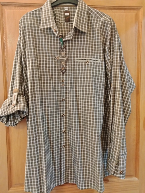 OS Trachten olive green / brown and beige checkered Men Trachten Shirt with Edelweiss Embroidery and Decoration - German Specialty Imports llc