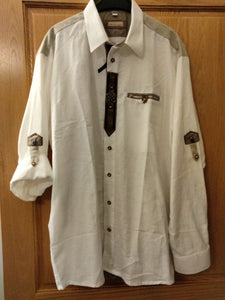 42265 OS White Linnen Style Men Trachten Shirt with Edelweiss Pewter decore and brown design - German Specialty Imports llc