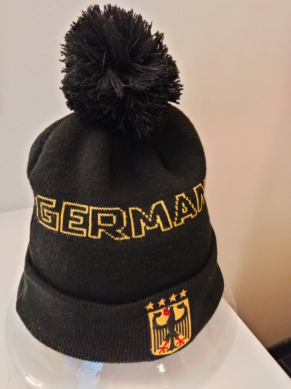 Germany knitted Fold Up Beanie Hat with Yellow framed black lettering with Pom pom - German Specialty Imports llc