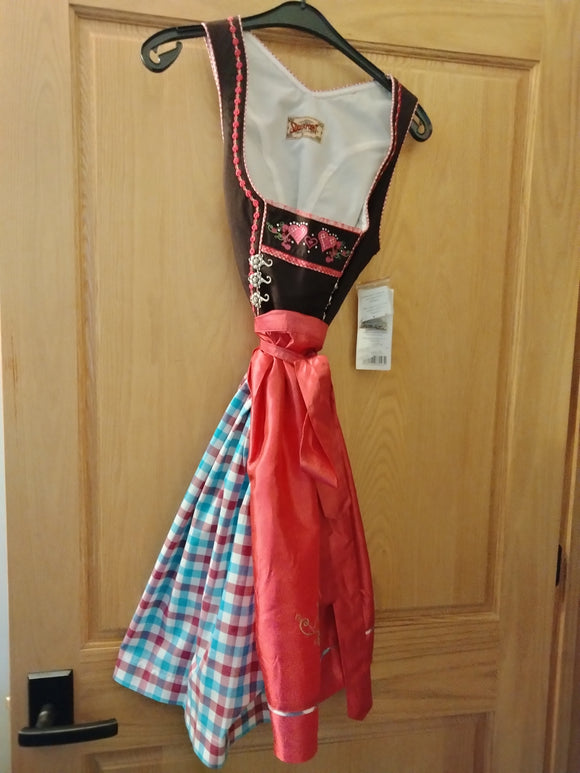 2 pc Stockerpoint  Dirndl Dress Nida Brown with checkered Skirt  and matching pink apron Apron - German Specialty Imports llc