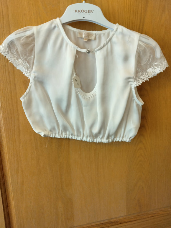 29181 Krueger  Dirndl Blouse Off  White with short lace sleeve and interesting front design - German Specialty Imports llc