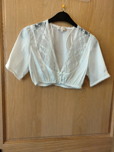 28183 Krueger  Dirndl Blouse Off  White with short sleeve and fine pear/lacee edging at sleeves and lace v-neckline with pearl buttons front design - German Specialty Imports llc