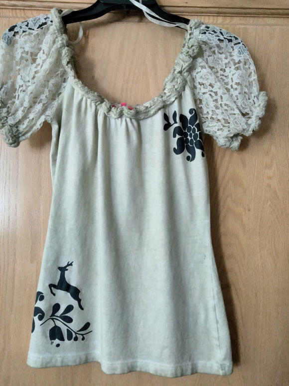 Krueger Trachten Blouse, beige in Carmen style with Edelweiss/Deer Design and lace sleeves - German Specialty Imports llc