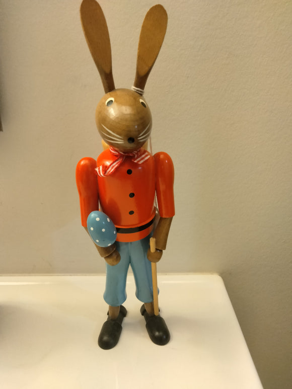 Ore mountain Painted Hand made Wooden Male  Easter Bunny with Easter egg basket on back and egg and walking stick in Hands - German Specialty Imports llc