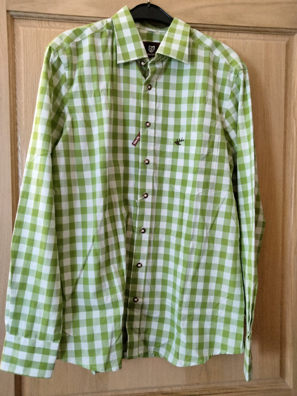 OS Trachten Big Light green  / White checkered Men Trachten Shirt slim fit with brown deer embroidery on the front pocket - German Specialty Imports llc