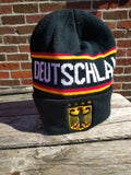 Deutschland  knitted Fold Up  Beanie Hat with 4 stars Crest Black with  white Writing - German Specialty Imports llc