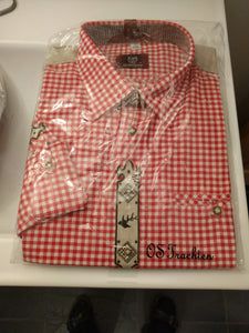OS red and white checkered Men Trachten Shirt with embroidery - German Specialty Imports llc