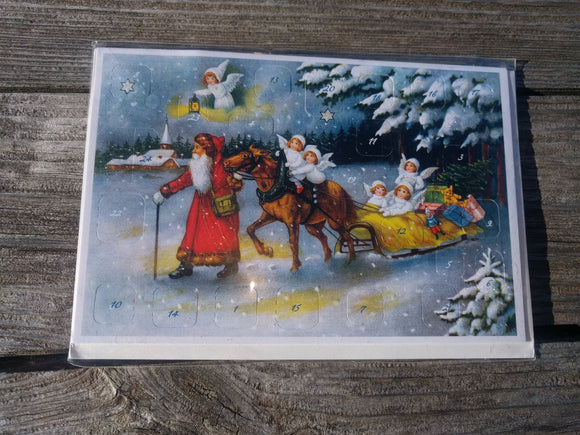 Advents Calendar Card with Envelope  Santa with Sled and Angels - German Specialty Imports llc