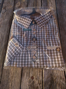 OS Trachten Men Trachten Shirt Brown White Checkered with Embroidery Decor - German Specialty Imports llc