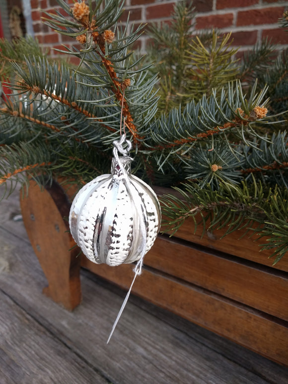 Inge Glas Mouth Blown and Hand Painted  Small Silver Frosted Stipes Ball Glass Ornament - German Specialty Imports llc