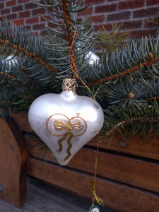 Inge Glas Mouth Blown and Hand Painted Silver with gold Ribbon Engangement  Frosted  Glass Heart  Ornament - German Specialty Imports llc