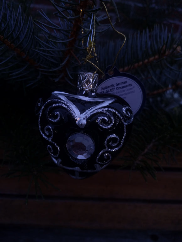 Christmas Mouth Blown and Hand Painted  Glass Ornament Black Heart with Crystal Heart - German Specialty Imports llc