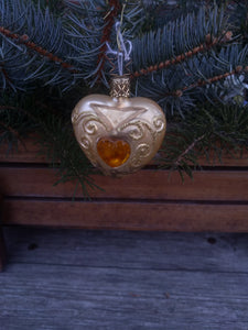 Christmas Mouth Blown and Hand Painted  Glass Ornament Golden Heart with Crystal Heart - German Specialty Imports llc