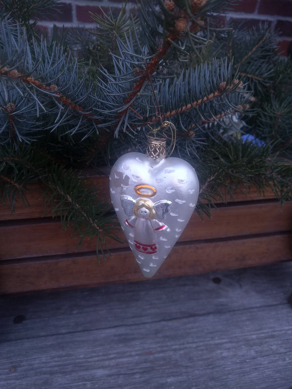 Inge Glas Mouth Blown and Hand Painted  Glass Ornament Double Protecting Angel  Heart - German Specialty Imports llc