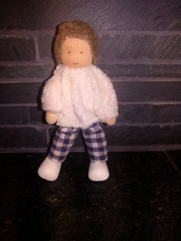 Waldorf Bendy Doll Biegepuppe Child  with white sweater and blue/white checkered Pants - German Specialty Imports llc