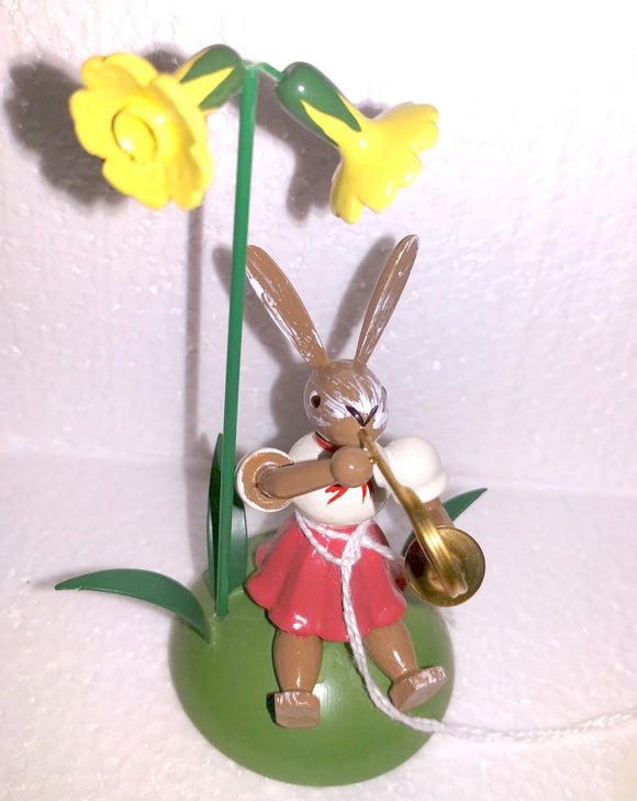 Blank Hand Made Easter Bunny Trumpet  Player under Yellow Bell Flower as Place Card Holder - German Specialty Imports llc