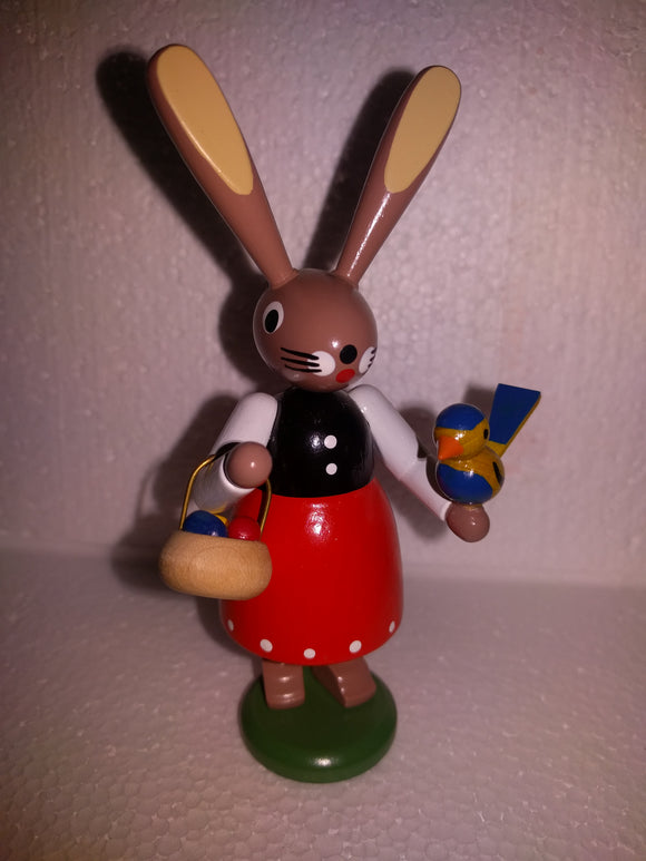 Hand Made Wooden Bunny girl with egg  basket and bird - German Specialty Imports llc