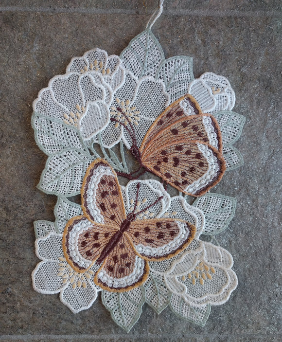 Plauener Lace Window Picture Butterflies on Flowers - German Specialty Imports llc
