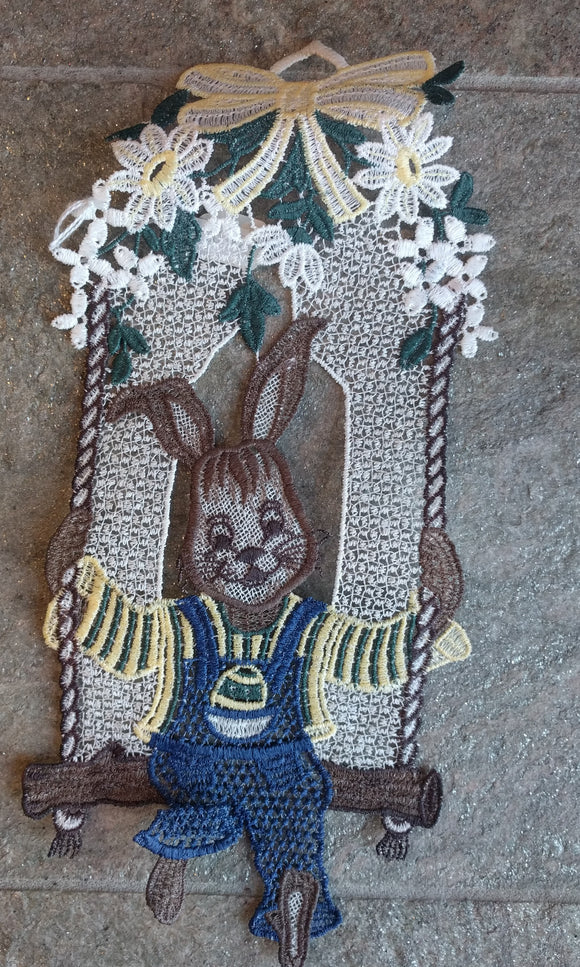Easter Plauener Lace Window Picture Bunny on Swing - German Specialty Imports llc