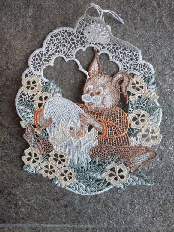 Easter/Spring  Plauener Lace Window Picture Bunny  with hatching Chicken - German Specialty Imports llc