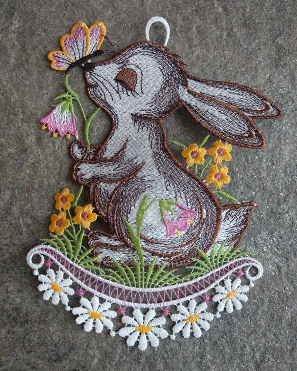Easter/Spring  Plauener Lace Window Picture Bunny with Butterfly on Pink Bell Flower - German Specialty Imports llc