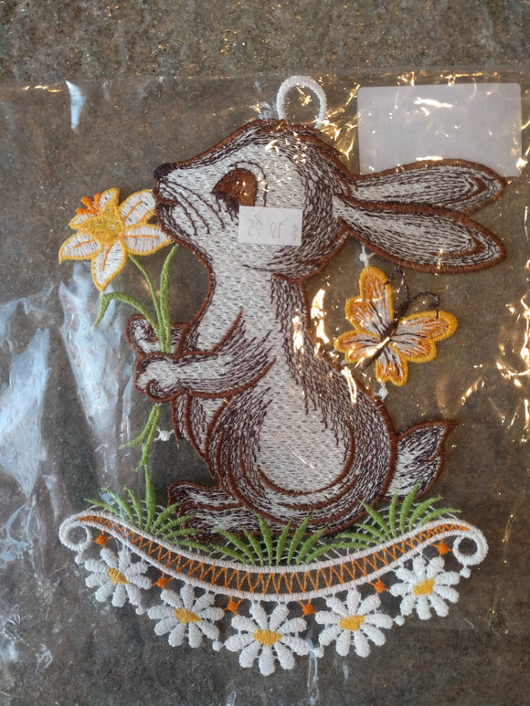 Easter Plauener Lace Oval Window Picture Bunny with daffodil and butterfly in Back - German Specialty Imports llc