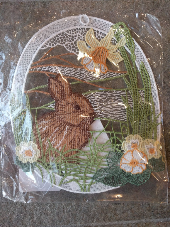 Easter Plauener Lace Oval Window Picture Bunny with daffodil - German Specialty Imports llc
