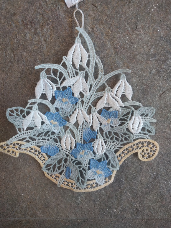 Easter/Spring  Plauener Lace Window Picture Snow Bells and blue Violets - German Specialty Imports llc