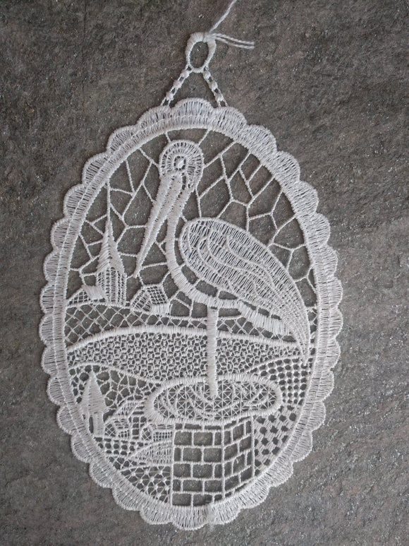 White Plauener Lace  Window Picture Stork - German Specialty Imports llc