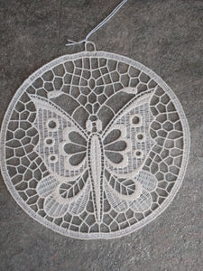 Plauener Lace Round Window Picture White  Delicate Butterfly - German Specialty Imports llc