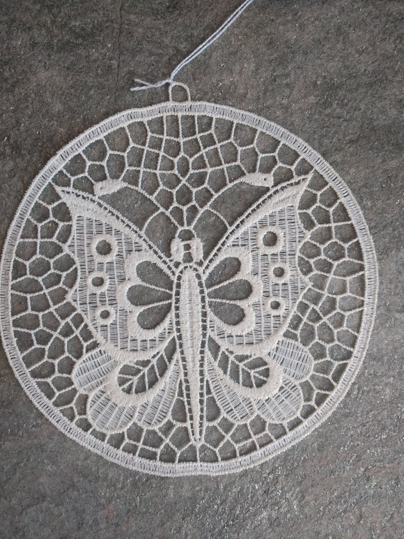 Plauener Lace Round Window Picture White  Delicate Butterfly - German Specialty Imports llc