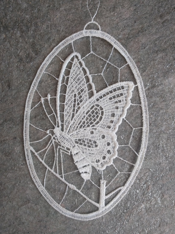 Oval Plauener Lace  Window Picture White  Delicate Butterfly - German Specialty Imports llc