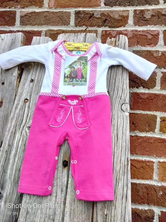60515 Baby Lederhosen  Dirndl Onesie with Long Legs and Sleeves pink/white - German Specialty Imports llc