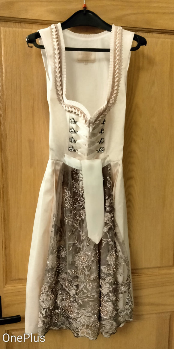 2 pc Festive Krueger Collection Dirndl Beige with Beautiful dark Embroidered Lace Apron - German Specialty Imports llc