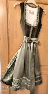 2 pc Festive Krueger Collection Dirndl Olive /dark green Leather Style  Top with Beautiful Skirt Pattern and matching Apron - German Specialty Imports llc