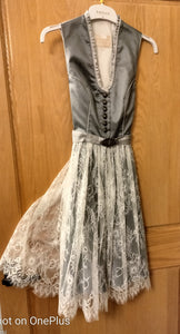 2 pc Festive Krueger Collection  Dirndl Grey with Beautiful off white full skirt Lace Apron - German Specialty Imports llc